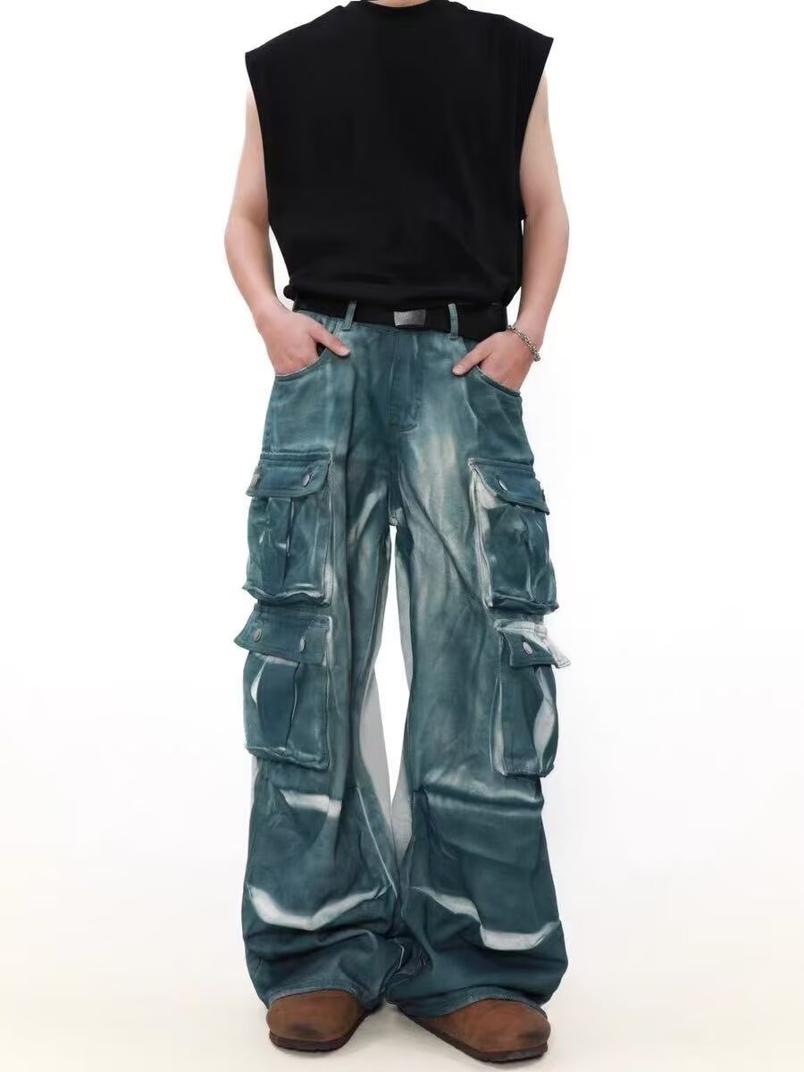 Herrenbekleidung Retro Washed Tie Dye Vintage Washed Tie-Dye Gradient Multi-Pocket Cargo Pants für Männer & Frauen - Wide Leg Distressed Denim Jeans​_voghion.com