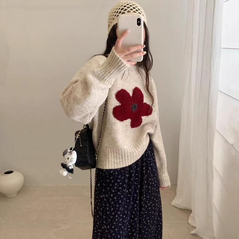 花朵毛衣套头女秋冬季新款韩系软糯宽松外穿短款百搭针织衫上衣|undefined