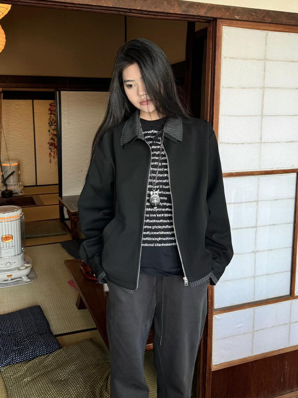 美式拼接假两件毛边外套男款春季潮牌cleanfit高级感正肩行政夹克|undefined
