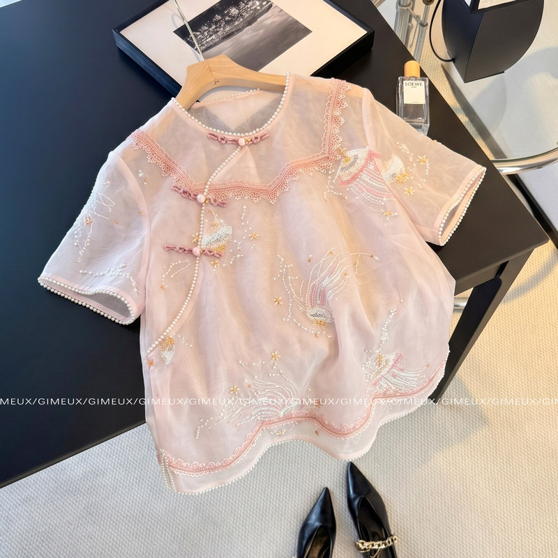 Jieme Sweet and Delicate Heavy Embroidery Floral Shirt for Women 2026 New Summer Design Chinese Style Short Sleeve Top