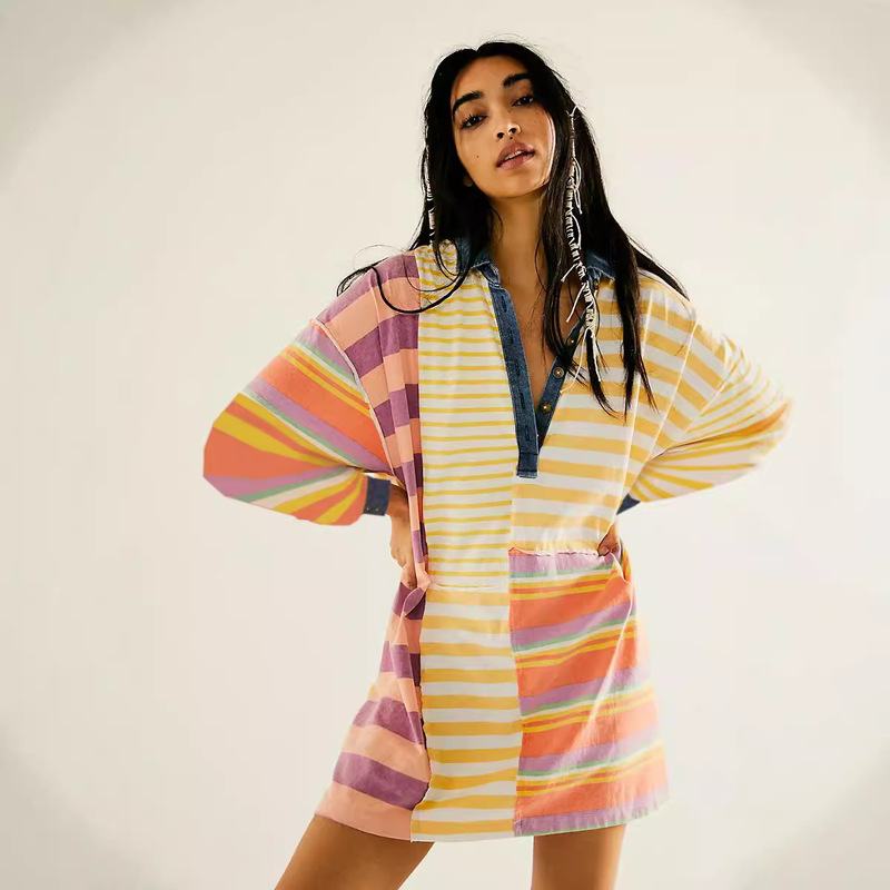 Amazon New European and American Cross-border Women's Long Sleeve Lel Color Striped Skirt Loose Casual dress Women