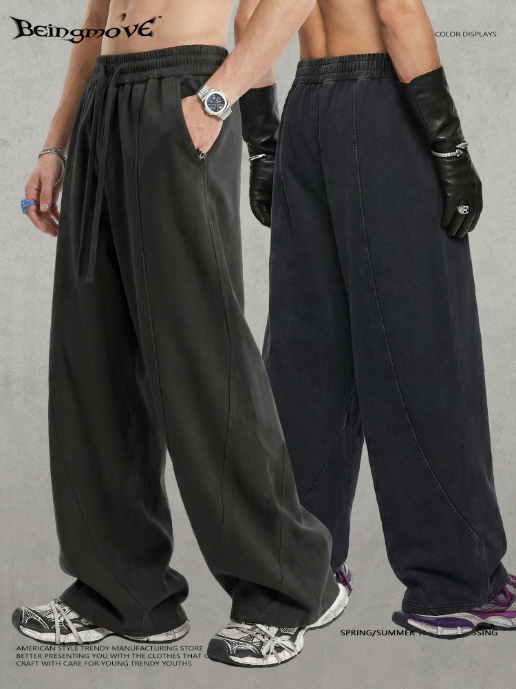 Calle secada| Nuevo estilo americano vintage casual pesado lavado con agua pantalones de bayoneta grandes pantalones rectos largos sueltos de moda para hombres