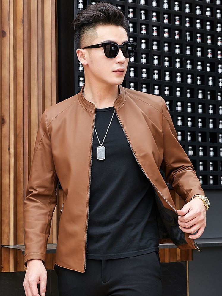 Haining Leather Jacket Spring and Autumn New Thin Genuine Leather Jacket for Middle-aged Men's Mat-gloss Style Collar Casual Leather Jacket