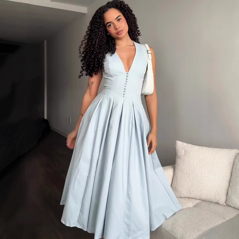 European and American Amazon 2025 Spring Cross-border Fresh Soft and Elegant Sleeveless Sexy V-neck Long Dress dress Women