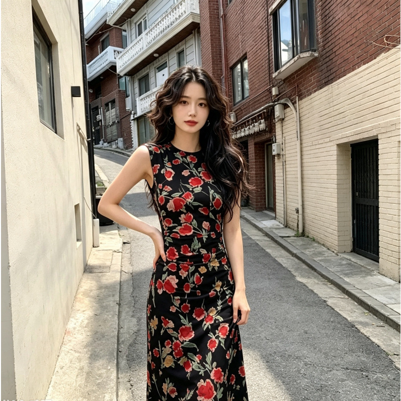 韩系复古黑色无袖碎花连衣裙女夏季收腰显瘦气质长款法式包臀长裙