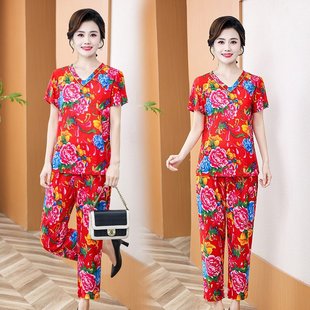 Middle-aged and elderly women's clothing mom summer new ice silk short sleeve suit ethnic style northeast flower plus size two-piece set