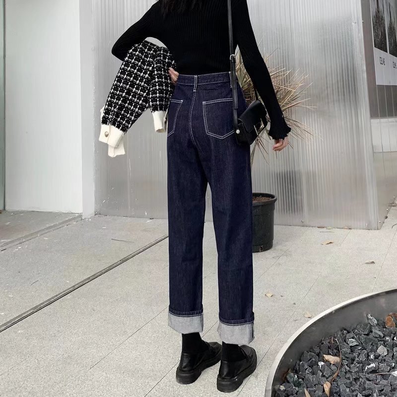 High waist wide leg jeans for women Spring and Autumn 2024 new dark blue loose straight all-match draping mop pants