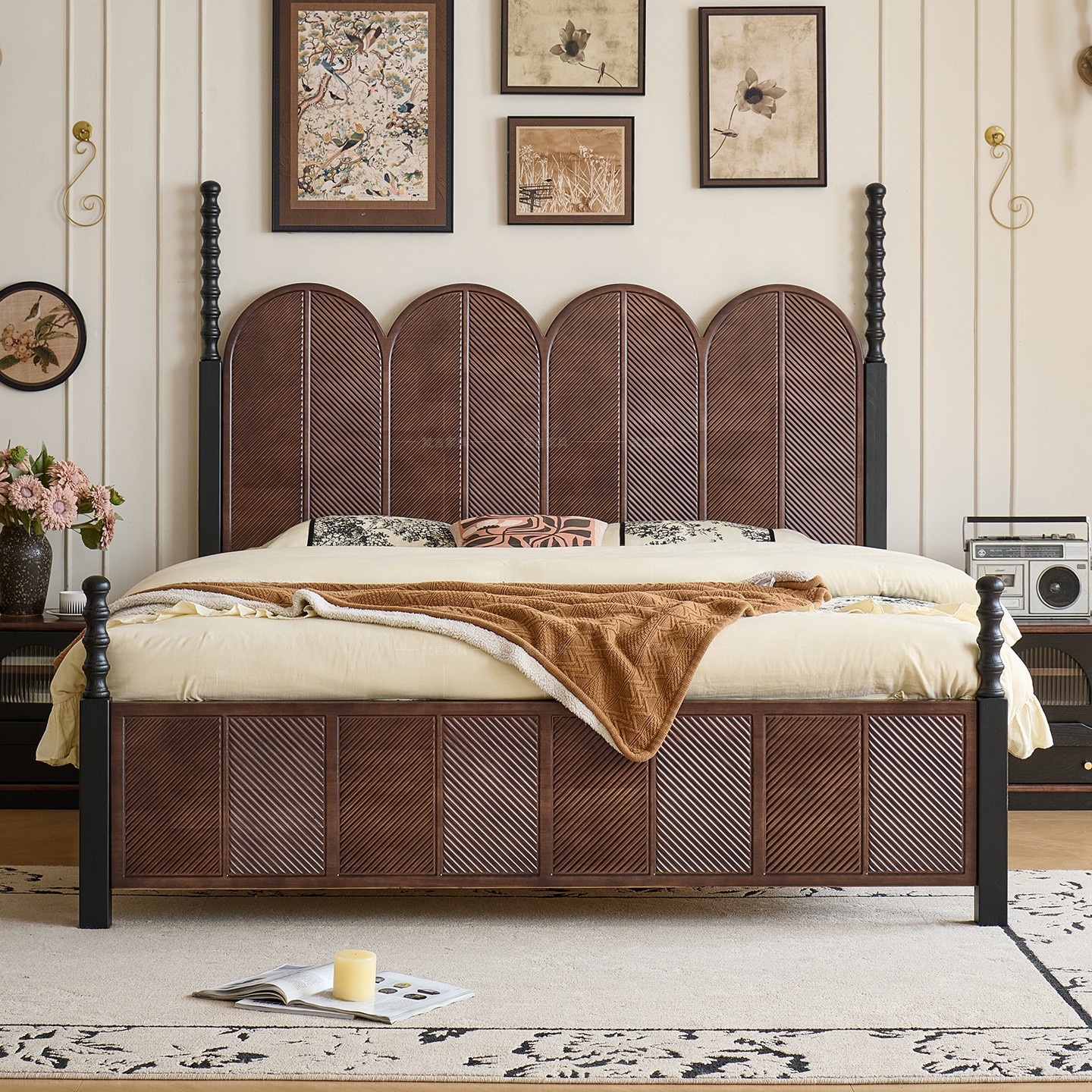 Cama de madera maciza francesa retro americana dormitorio principal color nuez cama doble simple muebles de dormitorio modernos cama de boda medieval