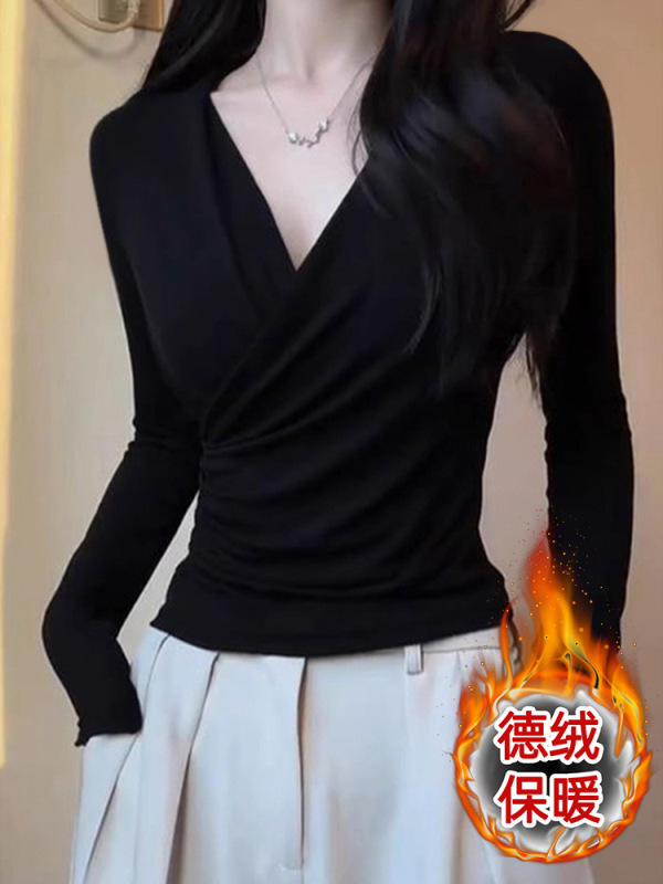 双面德绒黑色交叉v领长袖t恤女装秋冬季新款遮肚子内搭打底衫上衣|undefined
