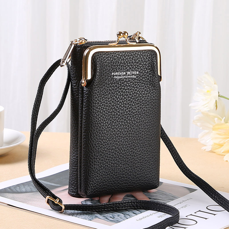 Mobile Phone Bag With Lock Design Korean Style Fashion Lychee Pattern Crossbody Bags For Women