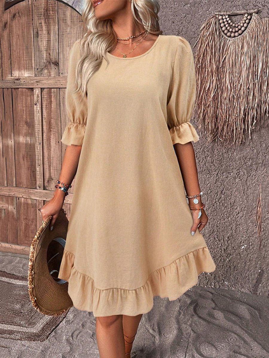 Mid Waist Waist Line Wholesale Women's Simple Style Ruffles Solid Color Daily Round Neck Half Sleeve Regular Dress