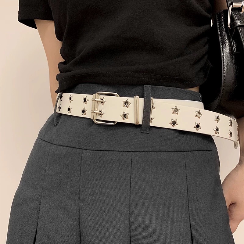 Star Multi-Hole American Wide Belt Women's 2025 New Trouser Belt Jeans Design Niche Y2K Belt White