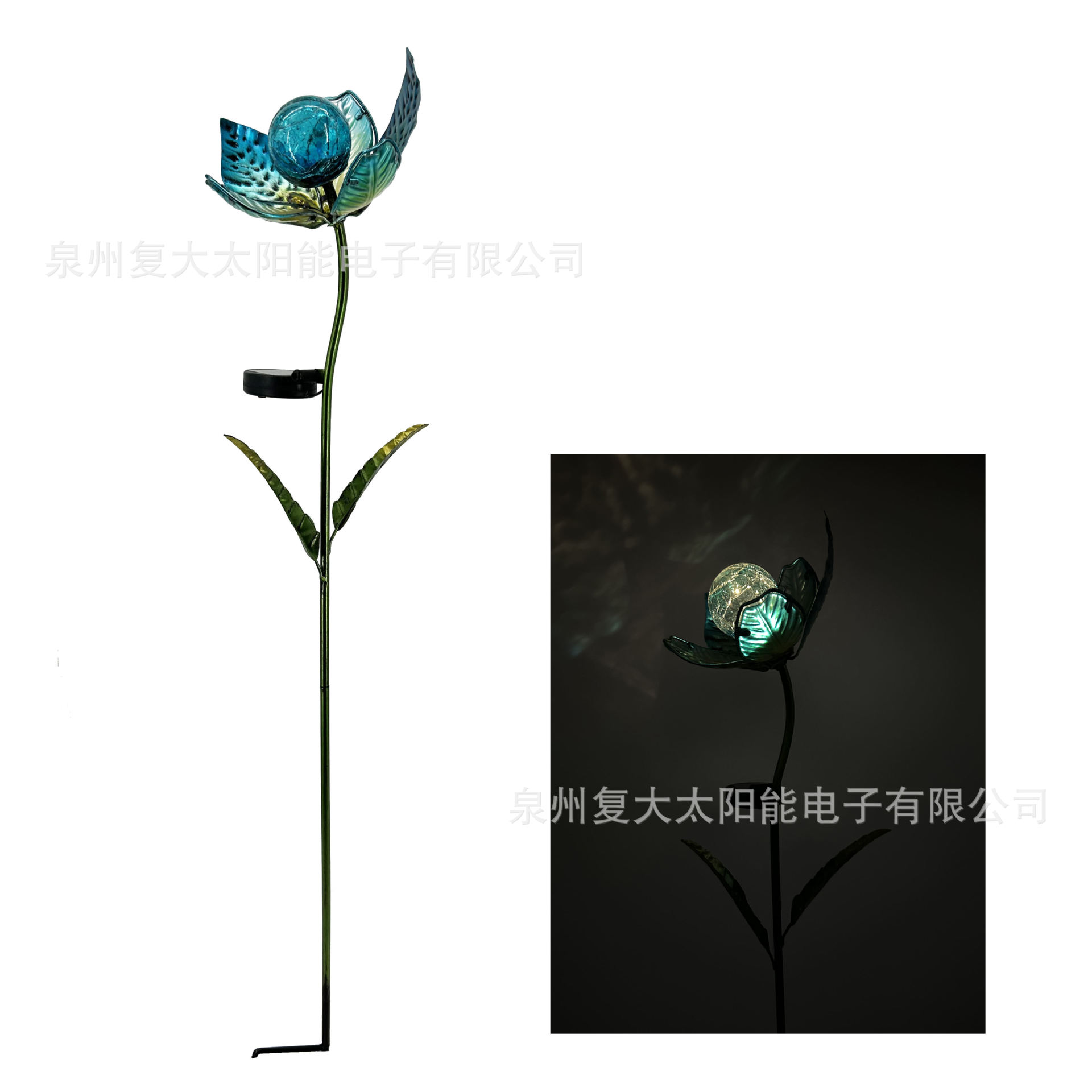 跨境太阳能铁艺花插灯 LED玻璃球金属铁艺花灯户外花园地插花瓣灯