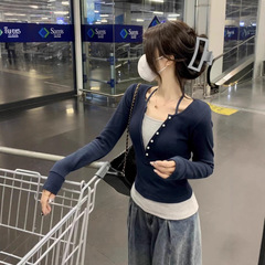 拼接短款修身显瘦假两件长袖T恤女秋冬大码胖mm打底衫内搭上衣ins