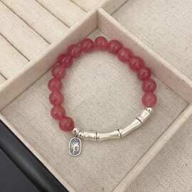 天然草莓晶竹节弯管S925纯银手链ins小众设计招财纳福转运手串