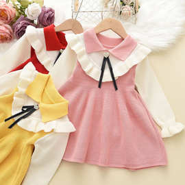 韩版秋冬款儿童毛衣女童假两件拼色裙式上衣可爱娃娃裙蝴蝶结毛衣