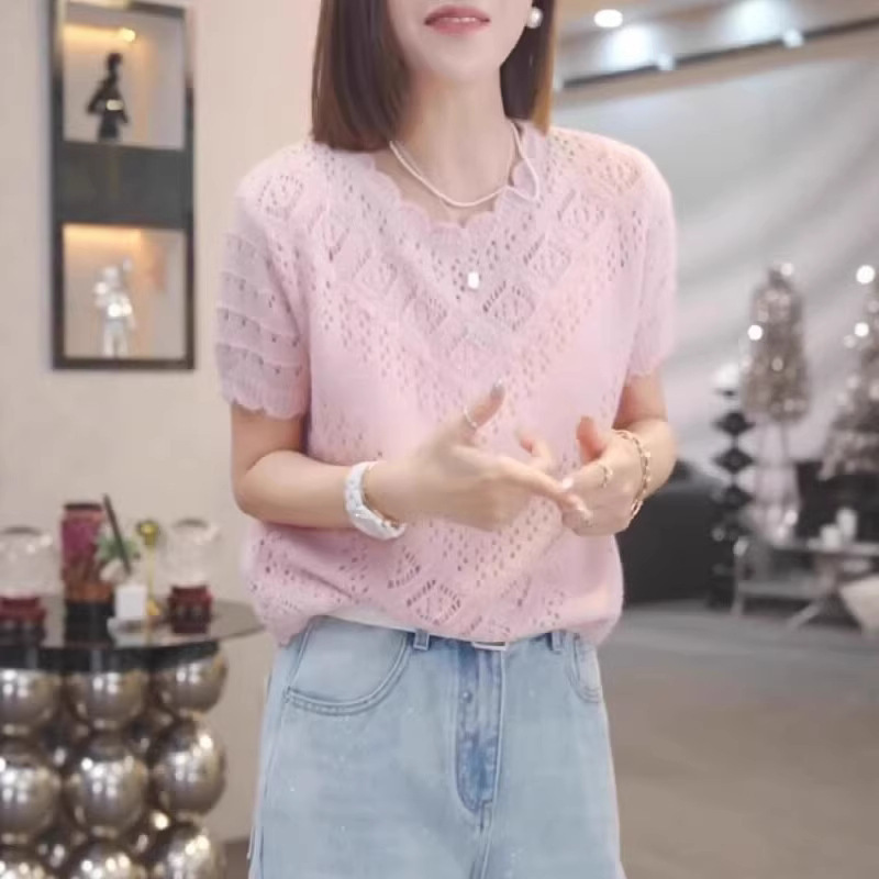 2026 Crochet Hollow Knit Short Sleeve T-Shirt for Women, Versatile Round Neck Thin Top, Summer Thin Casual Versatile Top 2026 Crochet Hollow Knit Short Sleeve T-Shirt for Women, Versatile Round Neck Thin Top, Summer Thin Casual Versatile Top