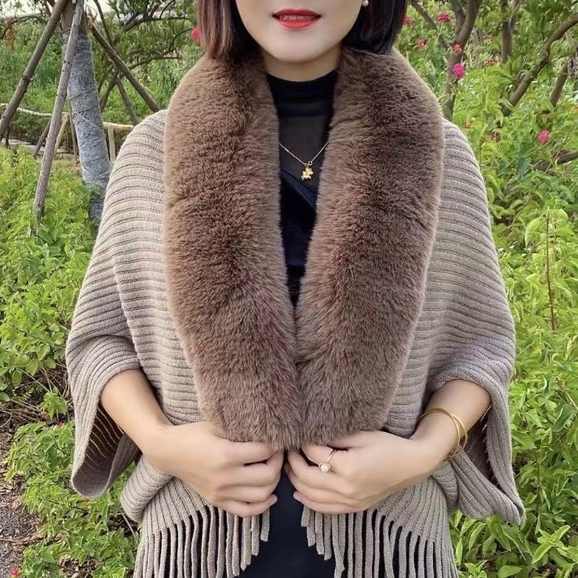 Autumn And Winter Loose Version Thick Imitation Rabbit Fur Collar Sweater Fashion New Lady Cardigan Knitted Wool Shawl