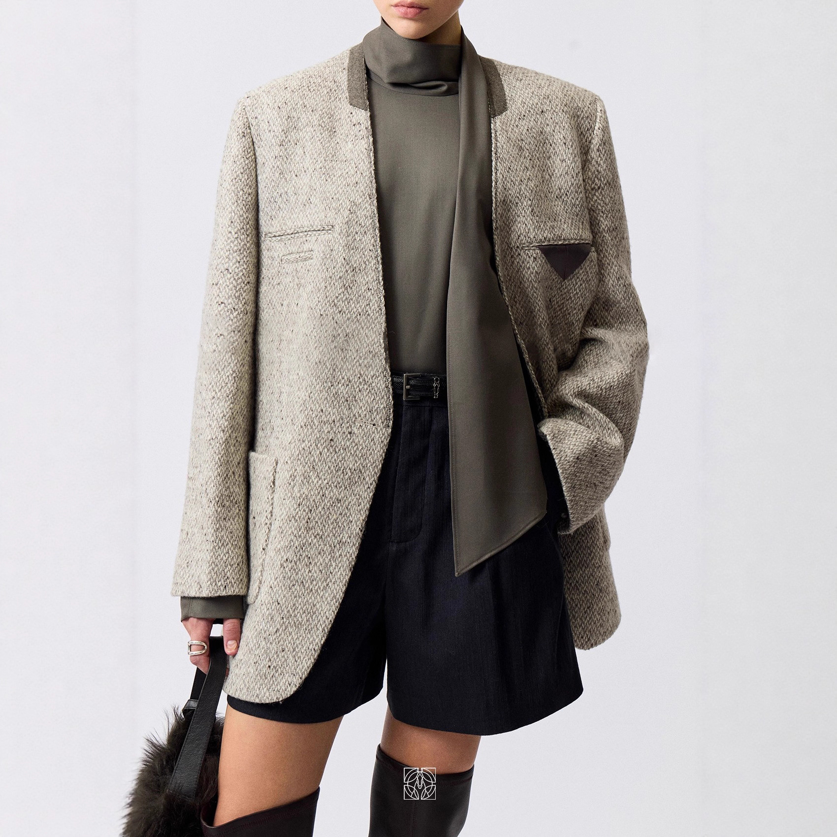 Exquisite Triangle Flap Pocket Pants V Neck Autumn and Winter Wool Tweed Loose Suit Jacket Top Retro Elegant Suit for Women