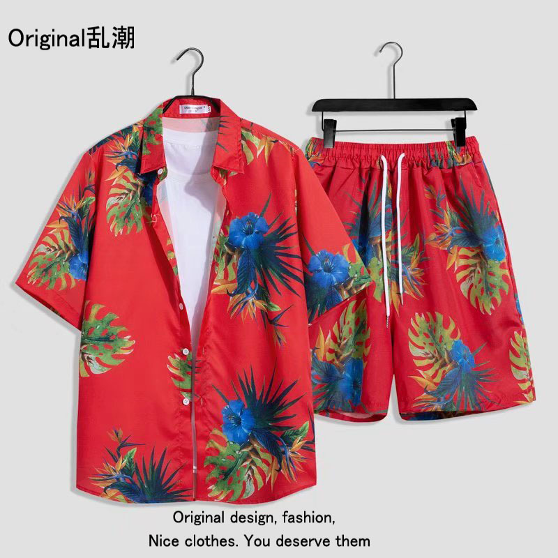 Verano playa floral camisa de manga corta traje de los hombres sueltos ins retro completo impreso pantalones cortos camisa de dos piezas