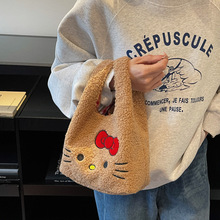 可爱猫咪手提包女秋冬新款羊羔毛上班通勤包大容量杂物便当小拎包