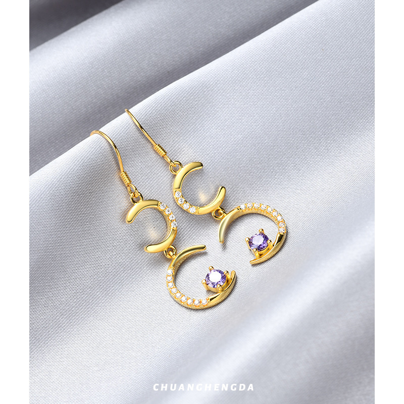 S925 pendientes de luna de plata esterlina para mujeres Europa y los Estados Unidos largos pendientes de diamantes de oro chapados en k ganchos de orejas temperamento simple pendientes al por mayor