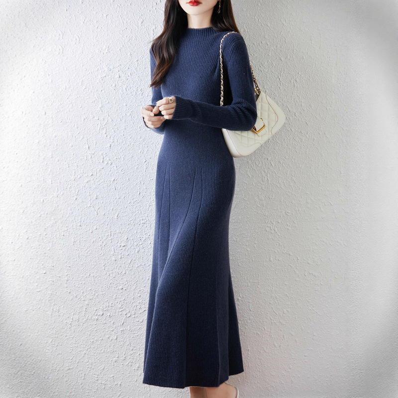High-End French Long Knitted Wool Dress Women's Half Turtleneck Slimming Look Warm Bottoming Sweater Dress Long Skirt High-End French Long Knitted Wool Dress Women's Half Turtleneck Slimming Look Warm Bottoming Sweater Dress Long Skirt