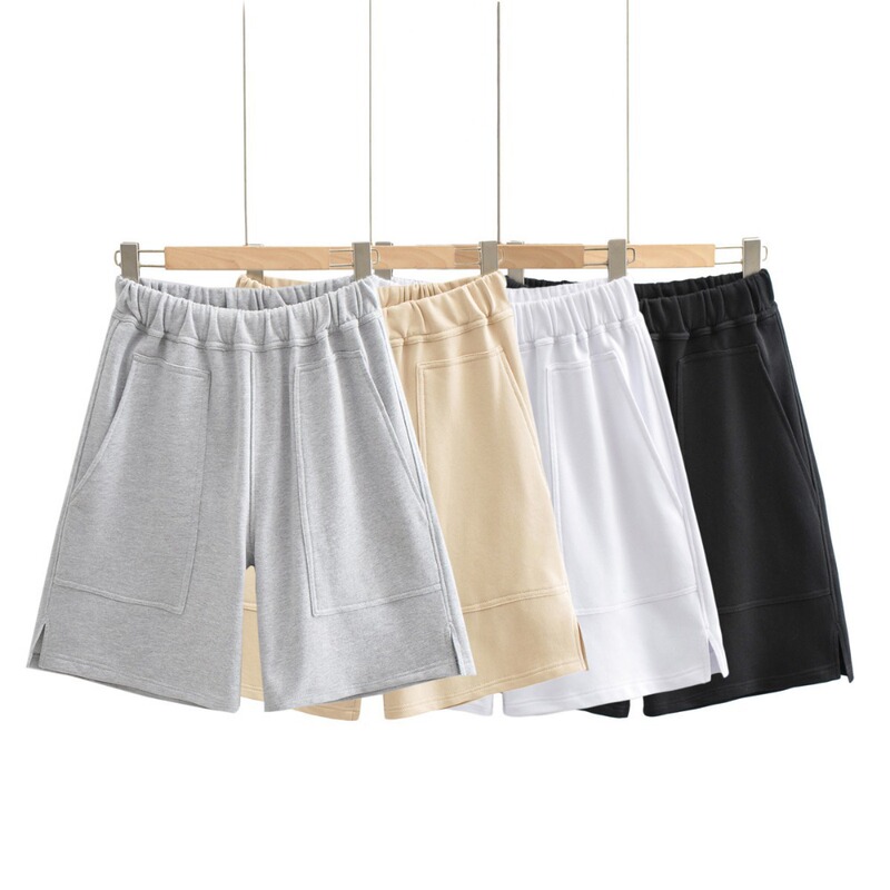 European and American ins summer elastic waist elegant women's straight side slit large pocket casual cropped pants