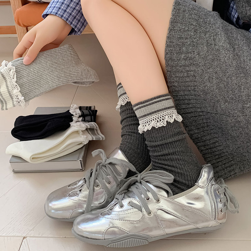 蕾丝袜子女中筒袜秋冬miu少女风棉质堆堆袜配小皮鞋条纹花边长袜|undefined