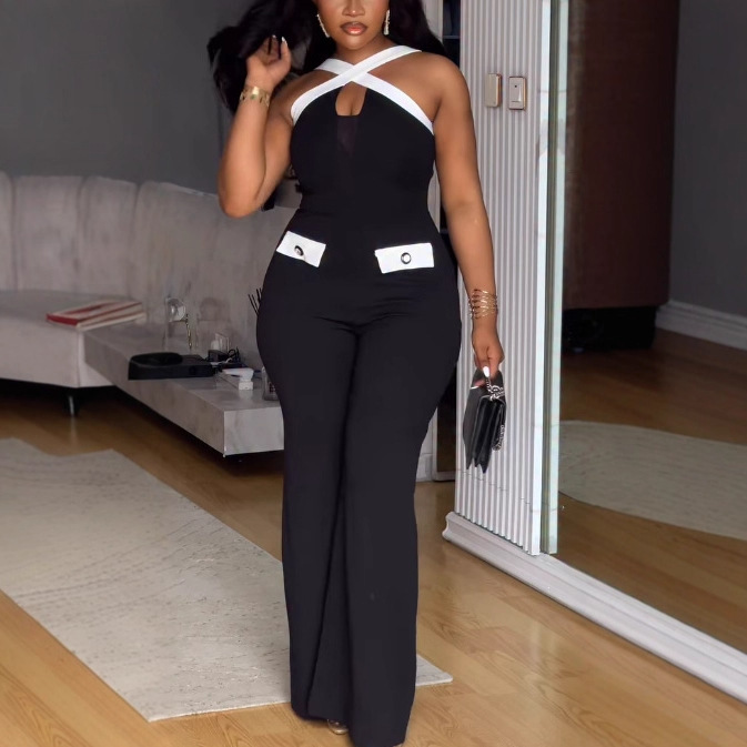 Elegant Women's Colour Block Jumpsuit Slim Fit Wide Leg Strappy_voghion.com
