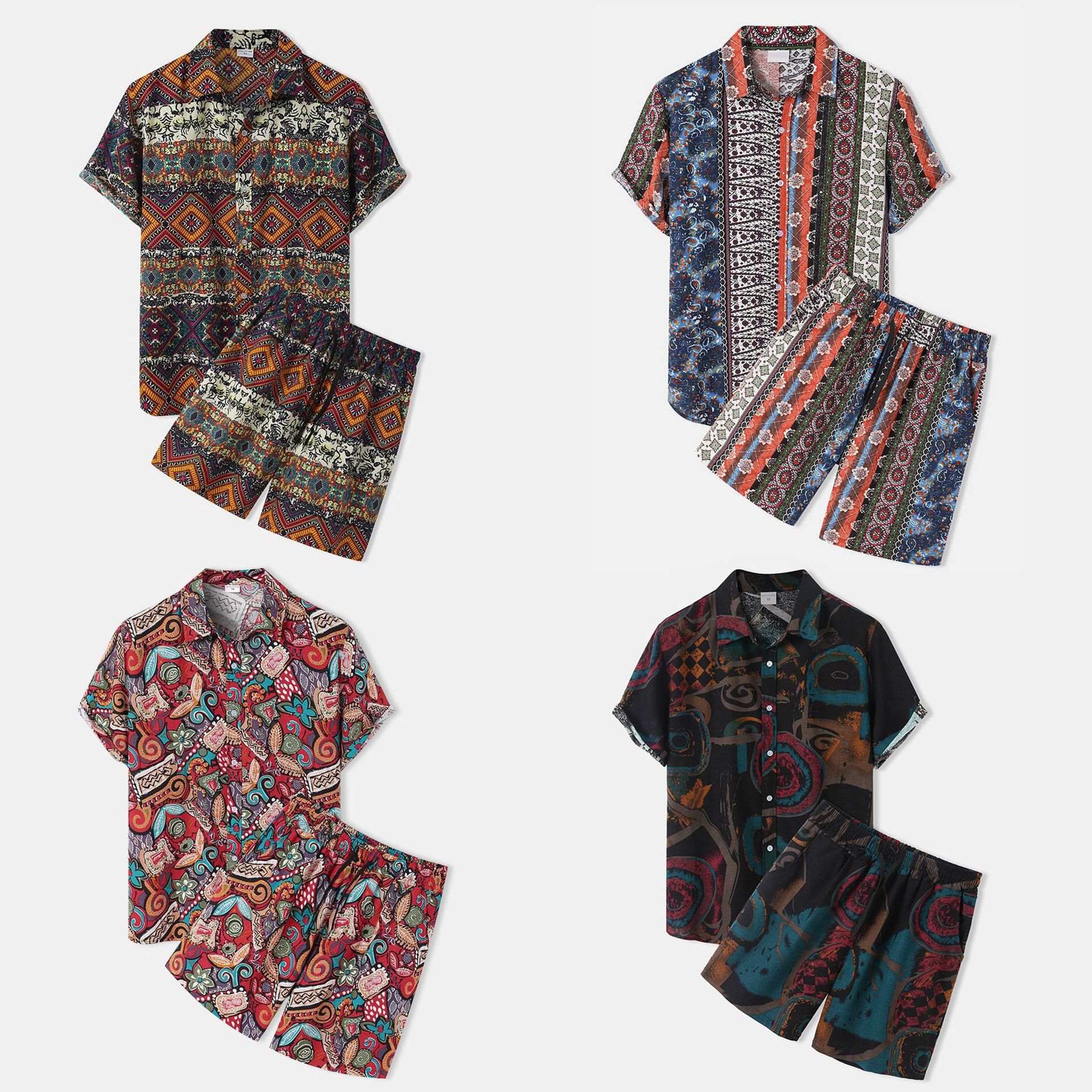 2025 Cross-border New AliExpress Amazon Fashion Short Sleeve Shirt Set Retro 3D Printed Floral Shirt