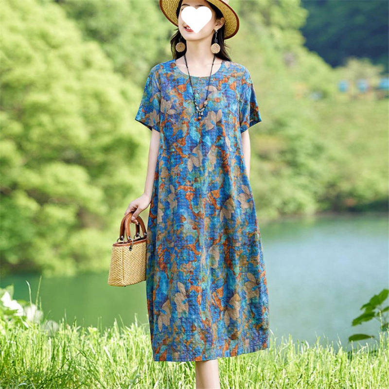 高级感棉麻连衣裙女夏新款时尚中老年妈妈气质宽松遮肚休闲直筒裙|undefined