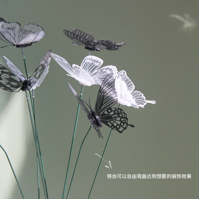 8cm黒白挿し蝶透明3D立体シミュレーション蝶花庭屋外園芸装飾蝶|undefined