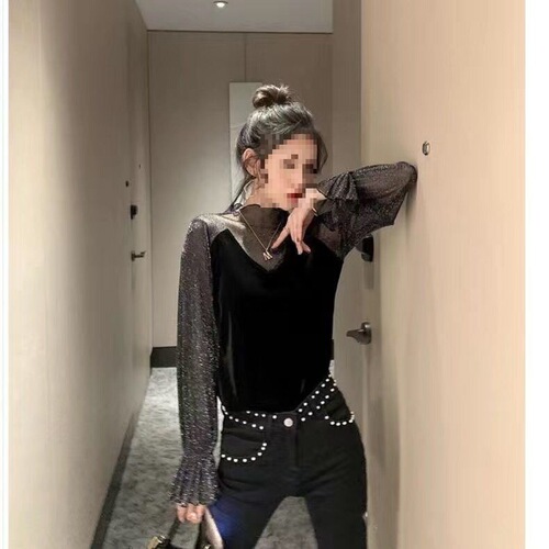 Semi-high-neck lace base shirt for women in spring and autumn new style mesh Western-style all-matching inner lace blouse winter
