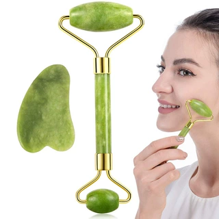 绿色玉石美容器 岫玉滚轮刮痧板脸部按摩器玉推 套装彩盒装
