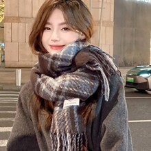 蓝色显白气质冬季围巾女2025新款高级感丁香格子韩版百搭围脖保暖