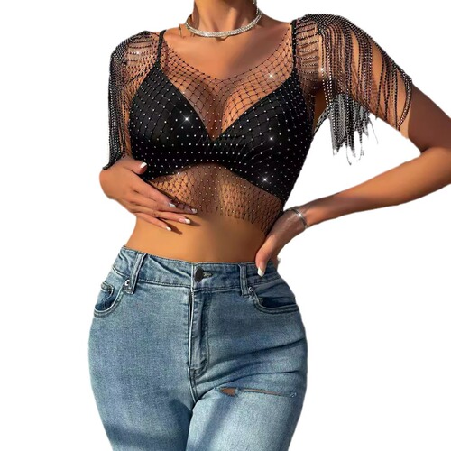 Sexy rhinestone fishnet top—European and American style, new summer design—women's mesh top with sparkling rhinestones, tassel shawl, and small vest.