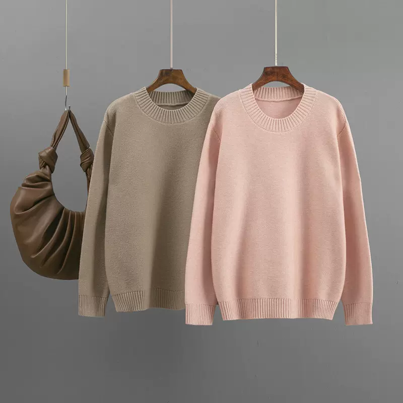 2025秋冬新款欧美圆领纯色毛衣女百搭宽松针织上衣