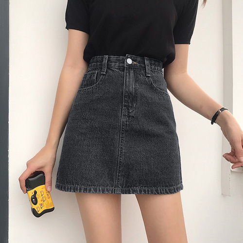A petite-chic A-line denim skirt for summer, featuring a South Korean style, loose fit, high waist, and Instagram-inspired design for a trendy look.