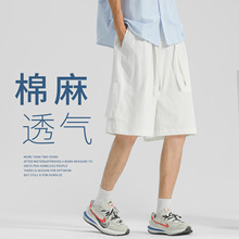 纯棉运动短裤男夏季篮球薄款棉麻男裤直筒中裤宽松亚麻休闲五分裤
