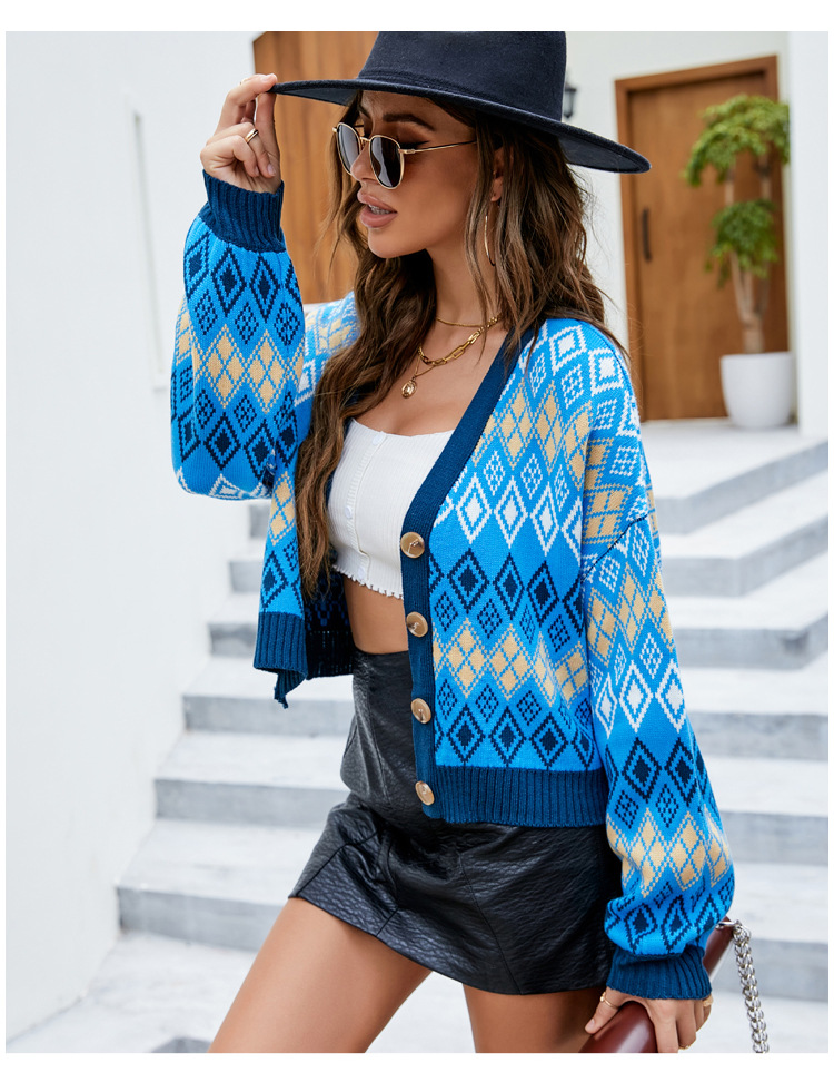 2021 Autumn And Winter New Retro Diamond Long Sleeve Knitted Coat Women  Clothing Loose Knitted Cardigan in Cardigans