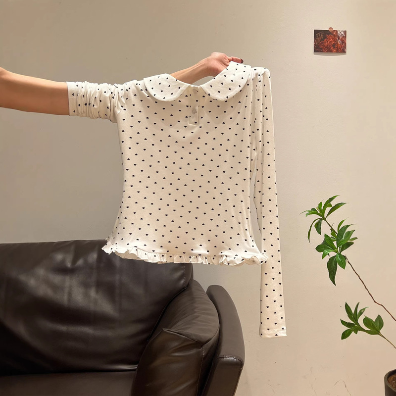 White Doll Collar Heart-Shaped Polka Dot Long-Sleeve T-Shirt with Lace Hem, New Winter Style Sweet Top for Women White Doll Collar Heart-Shaped Polka Dot Long-Sleeve T-Shirt with Lace Hem, New Winter Style Sweet Top for Women