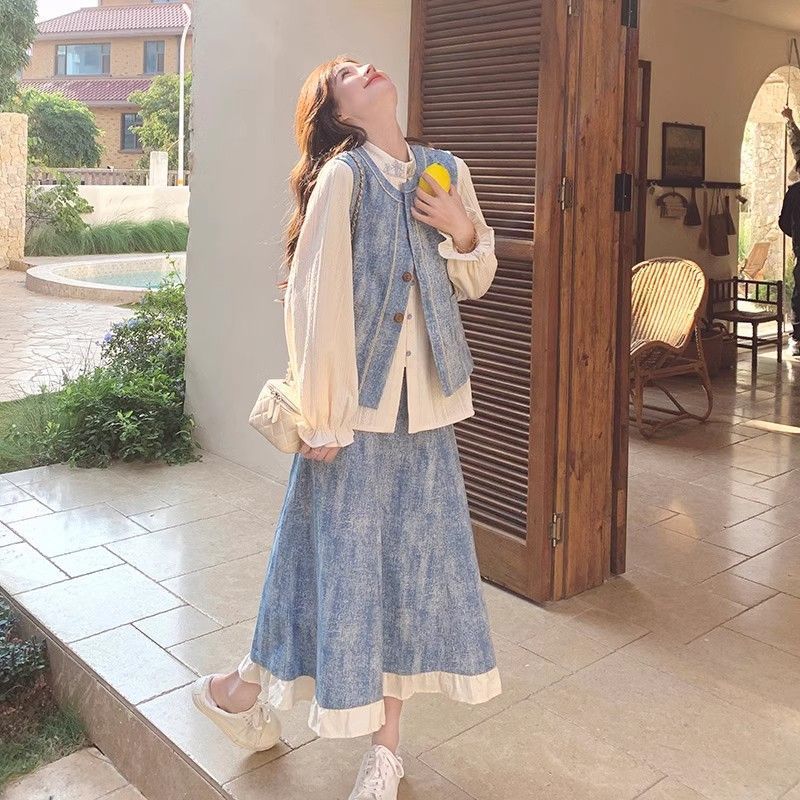 蓝色小清新牛仔提花套装裙女春季2025新款设计感马甲半身裙三件套|undefined