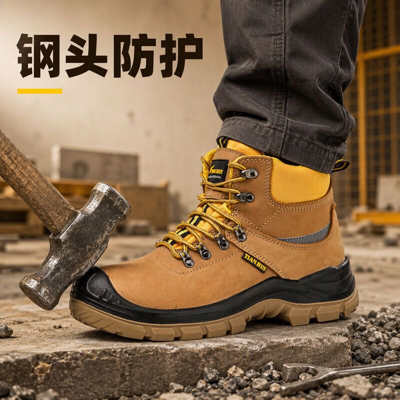 Steel-toed high-top leather work boots, steel-toed anti-smash and anti-puncture safety shoes for construction sites Steel-toed high-top leather work boots, steel-toed anti-smash and anti-puncture safety shoes for construction sites