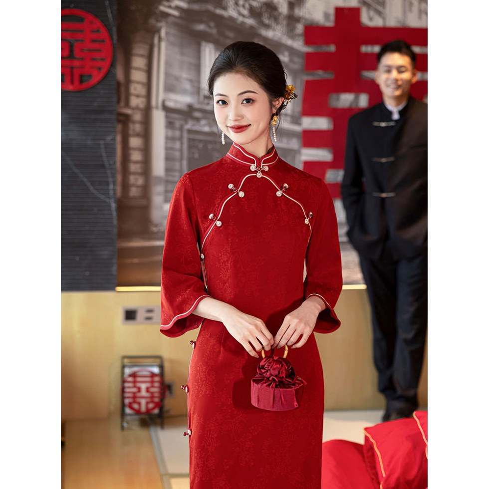 Chinese-Style Red Qipao Toast Dress for Brides, Traditional Elegant Wedding Engagement Dress, Spring and Autumn Women's Dress