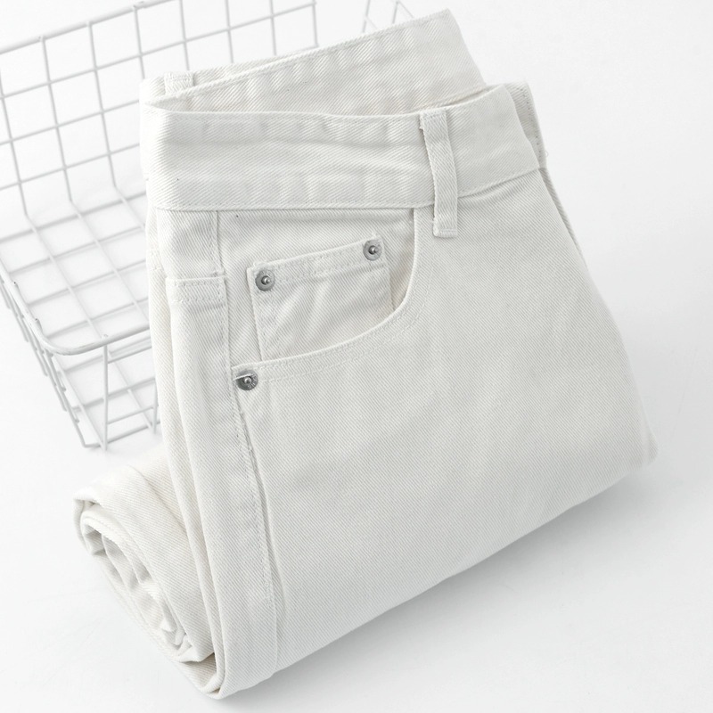 2024 Autumn and Winter Fleece-Lined White Straight-Leg Jeans for Women, Loose High-Waisted Slimming Casual Versatile Cropped Stretchy Pants