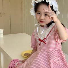 Ladies' Summer Dress 2024 New Arrival Korean Style Trendy Children's Skirt Sweet Floral Edge Checkered Princess Dress