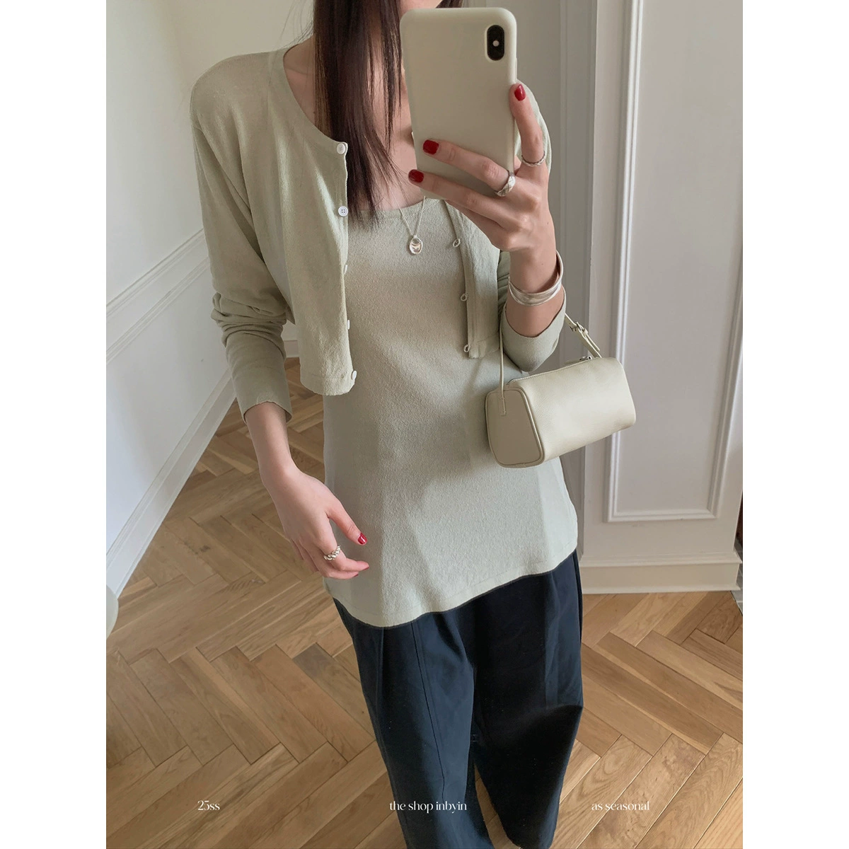 Yi En Oinbyin Простой трикотажный кардиган с круглым вырезом наружная женская одежда 2025 Новый короткий топ с длинными рукавами