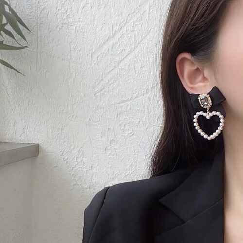 French love ribbon earrings for women 925 silver needle pearl earrings fairy retro high-end ins earrings jewelry wholesale