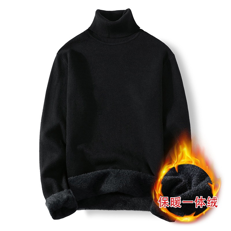 Turtleneck sweater men's winter slim-fit plus fleece thickening pure black knit base coat trend warm line clothes